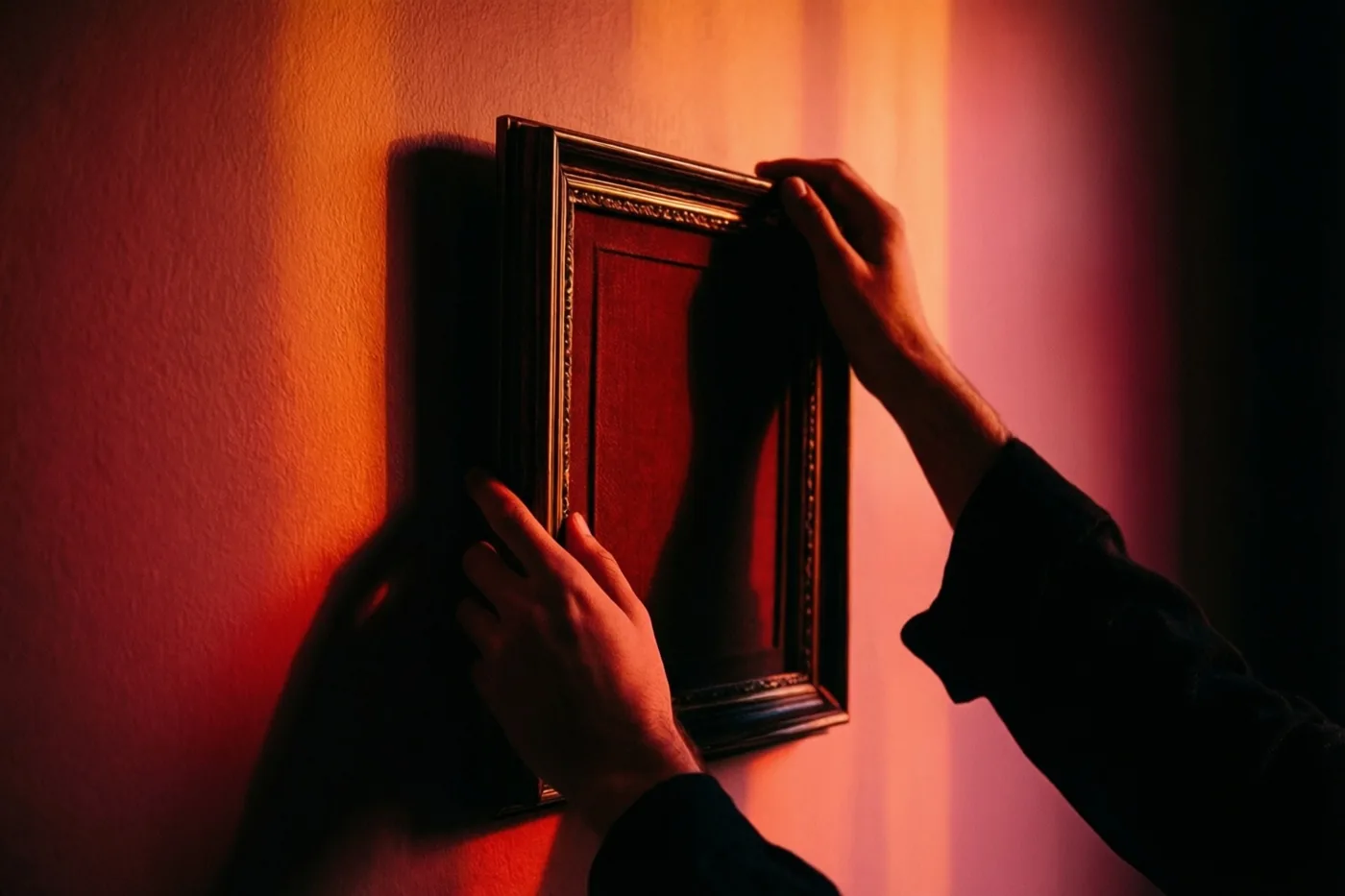 Twee handen hangen een donkere sierlijke lijst aan een muur met structuur, in warm roodoranje licht met sterke schaduwen.