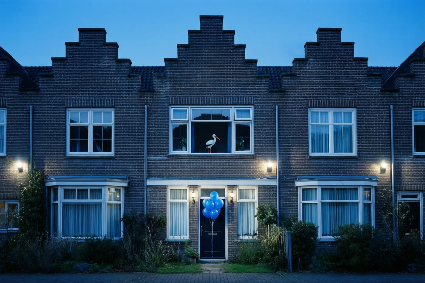 Donkere bakstenen huizen met trapgevels staan bij valavond in koelblauw licht met warme verlichting, met een ooievaarsfiguur voor een raam en blauwe ballonnen aan de voordeur.