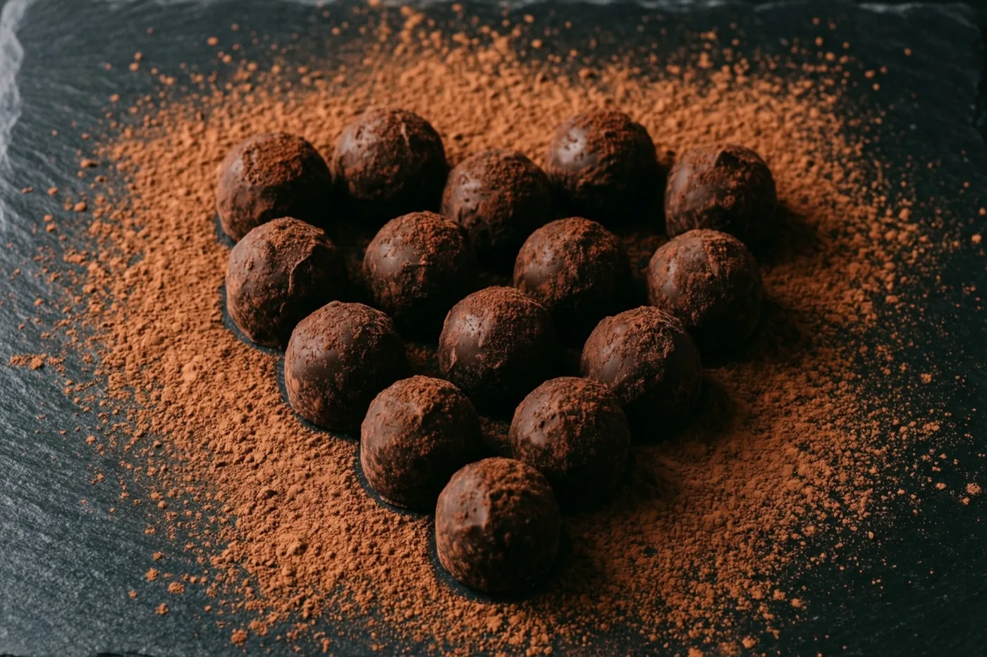 Donkere chocoladetruffels liggen als een hart op een zwarte leistenen ondergrond die met cacaopoeder is bestoven.
