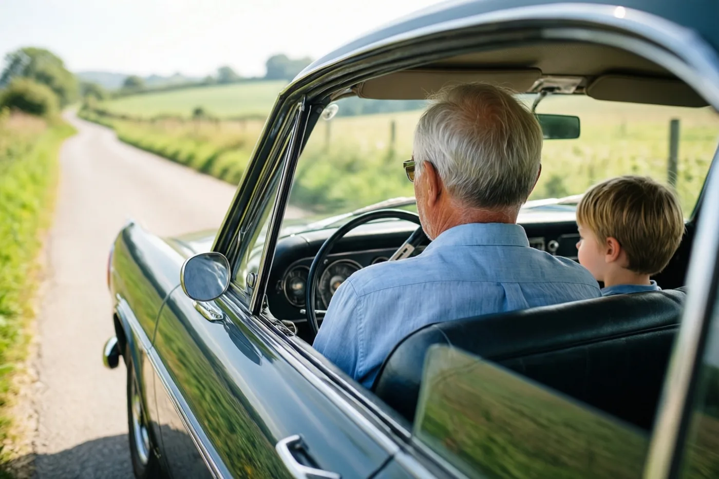 Een oudere man met grijs haar bestuurt een donkergroene oldtimer zonder dak op een kronkelende landweg, met een jonge jongen naast zich en groene velden in de zon.
