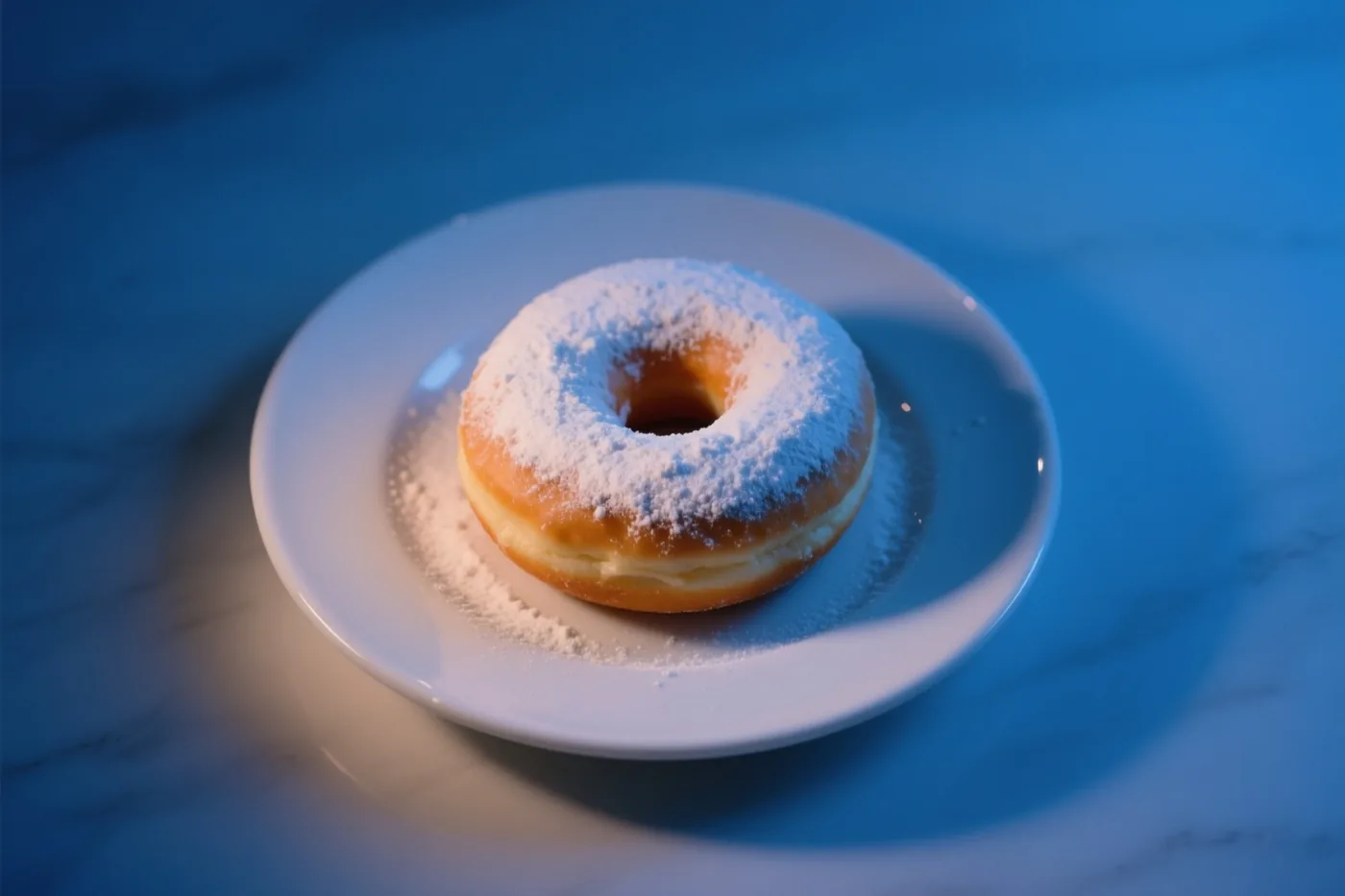 Een donut met confituurvulling en poedersuiker ligt op een wit bord op blauwgetint marmer in koel blauw licht.