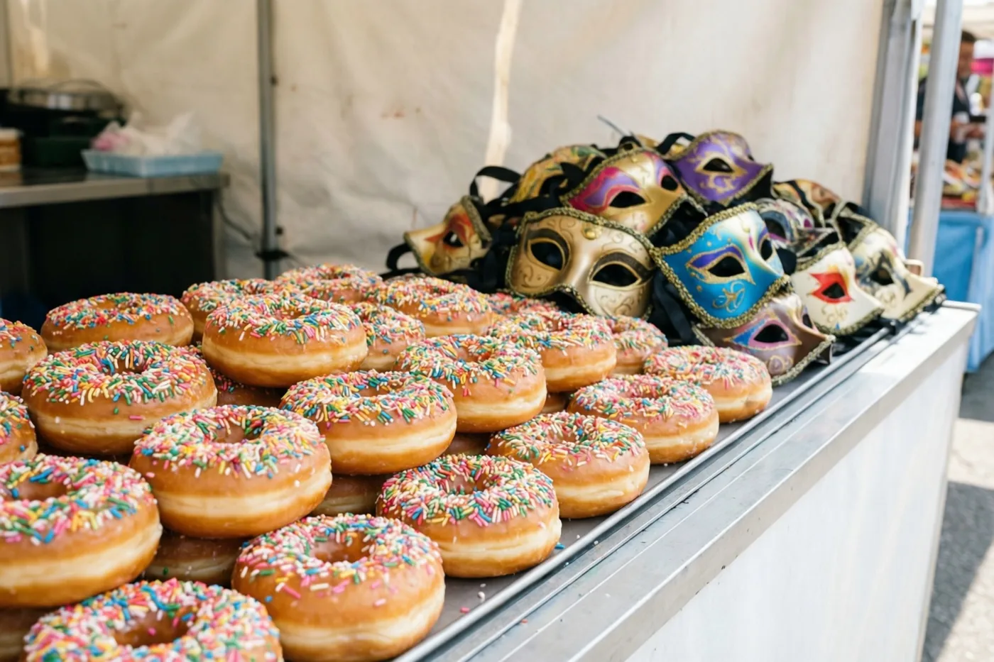 Goudbruine donuts met gekleurde suikerstrooisels liggen op een metalen toonbank van een kermiskraam, met kleurrijke carnavalsmaskers voor een witte tentwand.