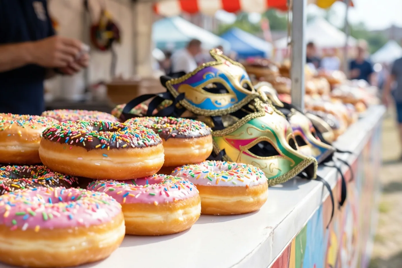 Een rij donuts met gekleurde suikerstrooisels ligt naast sierlijke carnavalsmaskers op een kraamtoonbank tijdens een zonnig openluchtfeest.