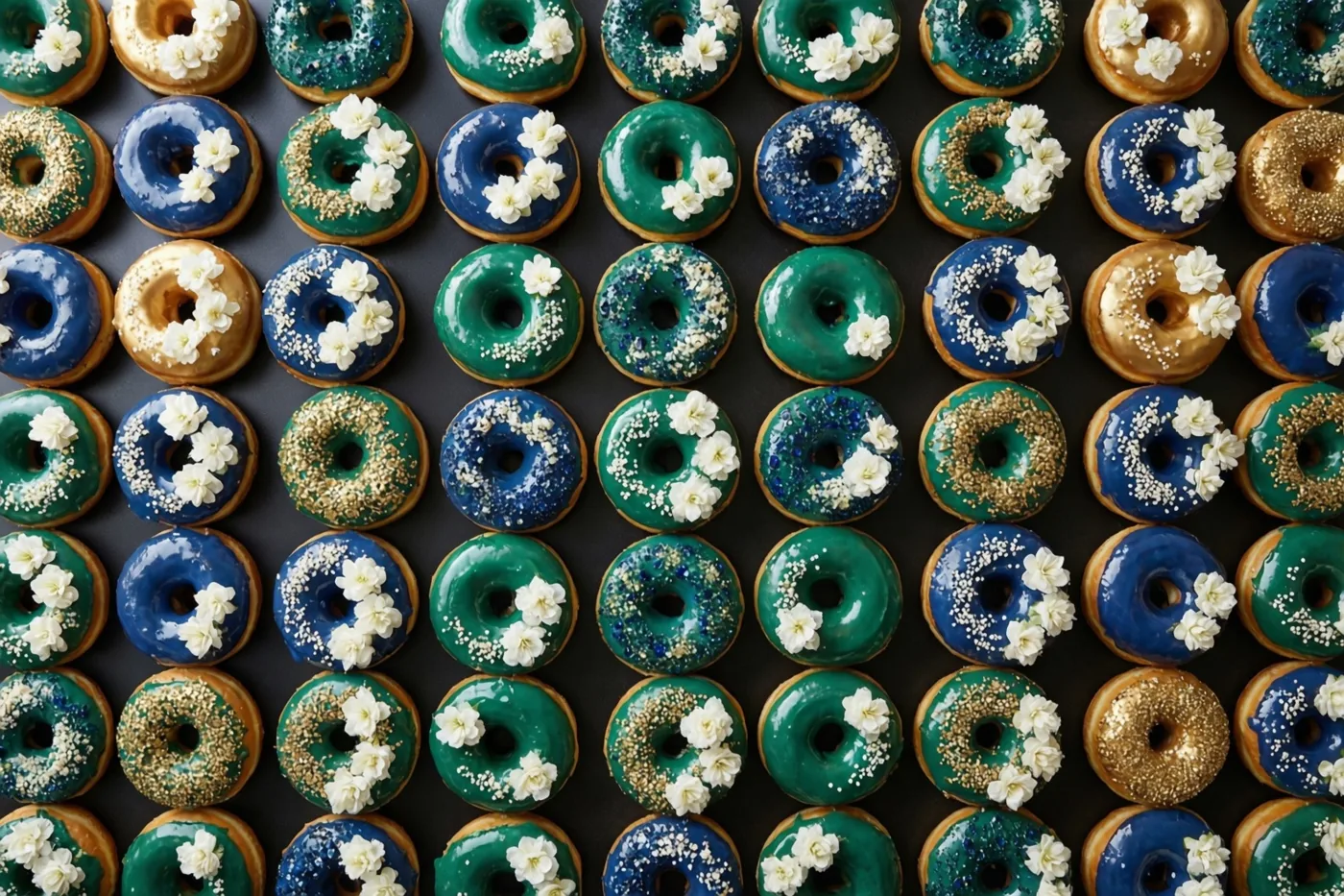 Geglazuurde donuts met witte bloemen liggen van bovenaf gezien in een raster, met blauwe, groene en gouden tinten tegen een donkere achtergrond.