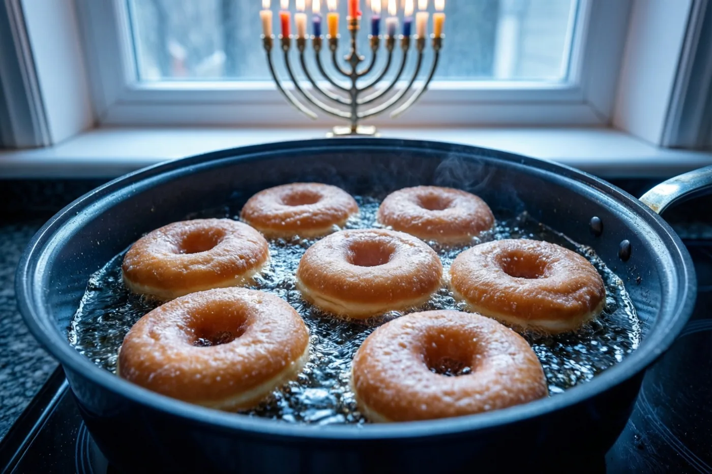 Zeven donuts bakken in hete olie in een zwarte pot op het fornuis, met een kandelaar met brandende kleurrijke kaarsen op de vensterbank erachter.