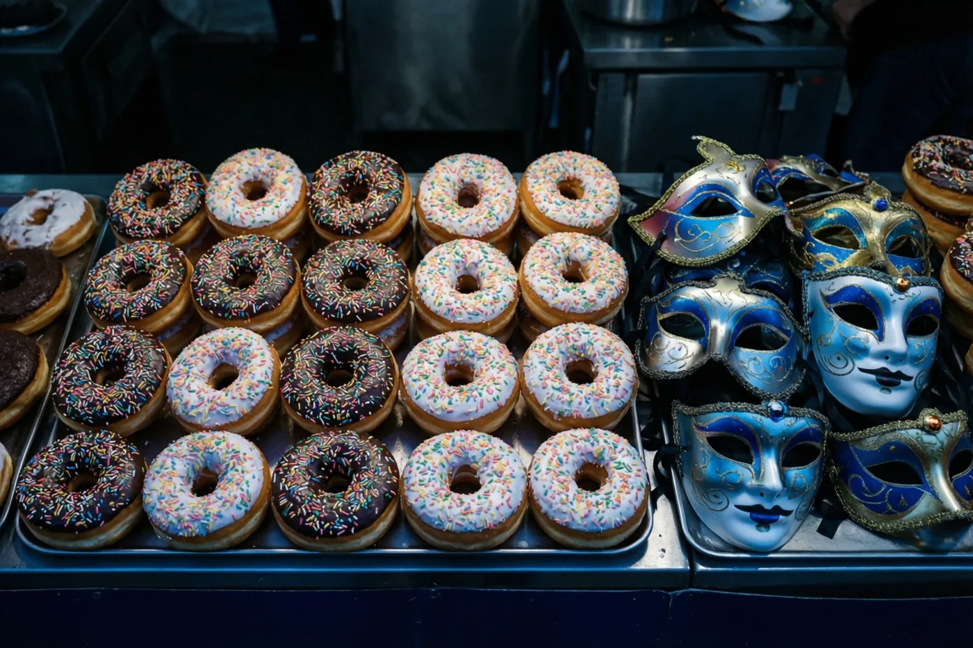 Donuts met gekleurde suikerstrooisels en chocoladeglazuur liggen op een metalen dienblad naast sierlijke blauwe en zilveren carnavalsmaskers op een kraamtoonbank.