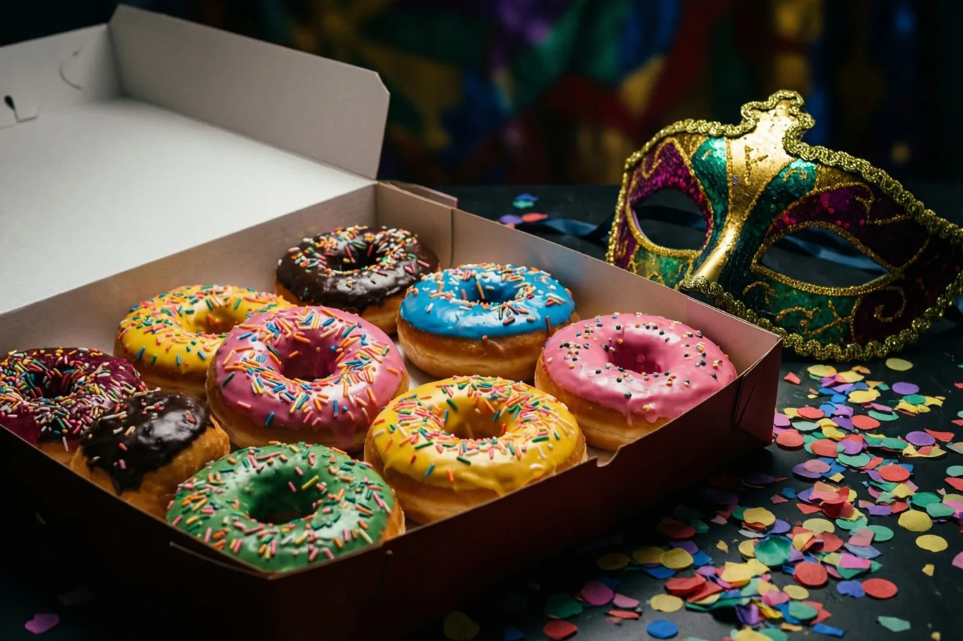 Een open kartonnen doos met kleurrijk geglazuurde donuts met strooisel staat op een donkere ondergrond naast een paillettenmasker en verspreide confetti.