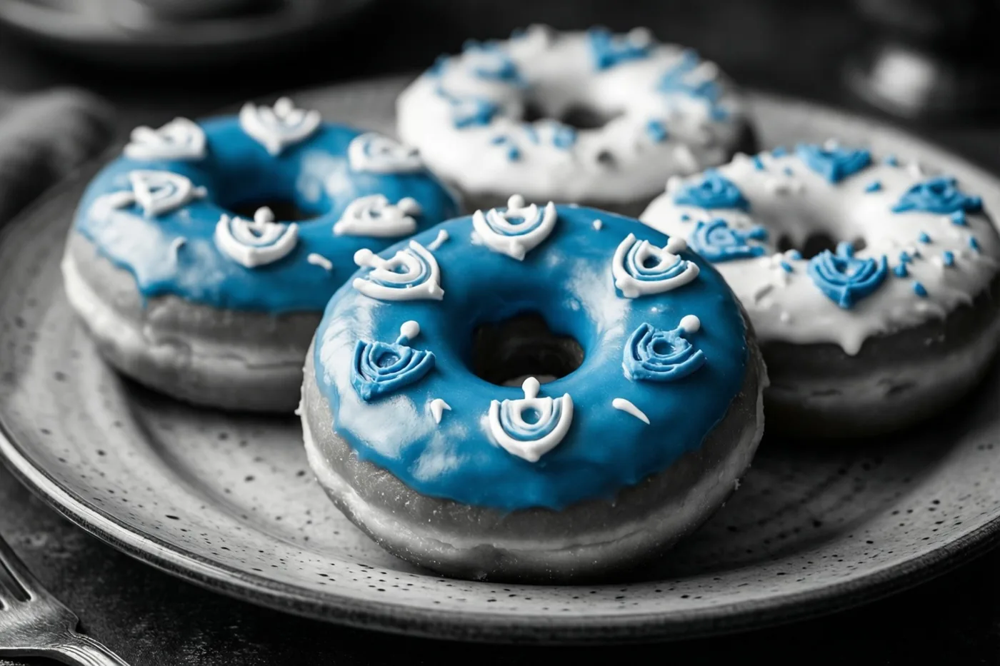 Donuts met blauwe en witte glazuurpatronen die op dreidels lijken liggen op een gespikkeld bord, met een deels zichtbare vork tegen een donkere onscherpe achtergrond.
