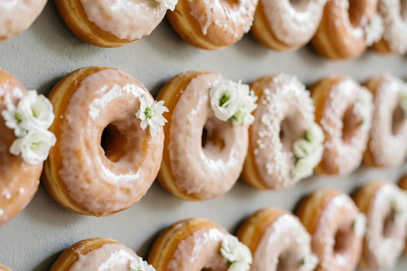 Een wand met geglazuurde donuts, elk versierd met een klein wit bloemetje, is van dichtbij te zien tegen een neutrale grijze achtergrond.