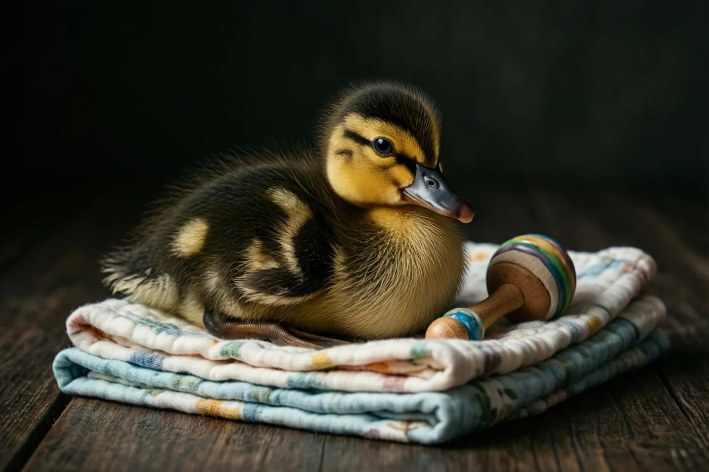Een klein pluizig eendje met geel en zwart dons zit op gevouwen babydoeken met patronen, met een kleurrijke houten rammelaar ernaast op een donkerhouten ondergrond.