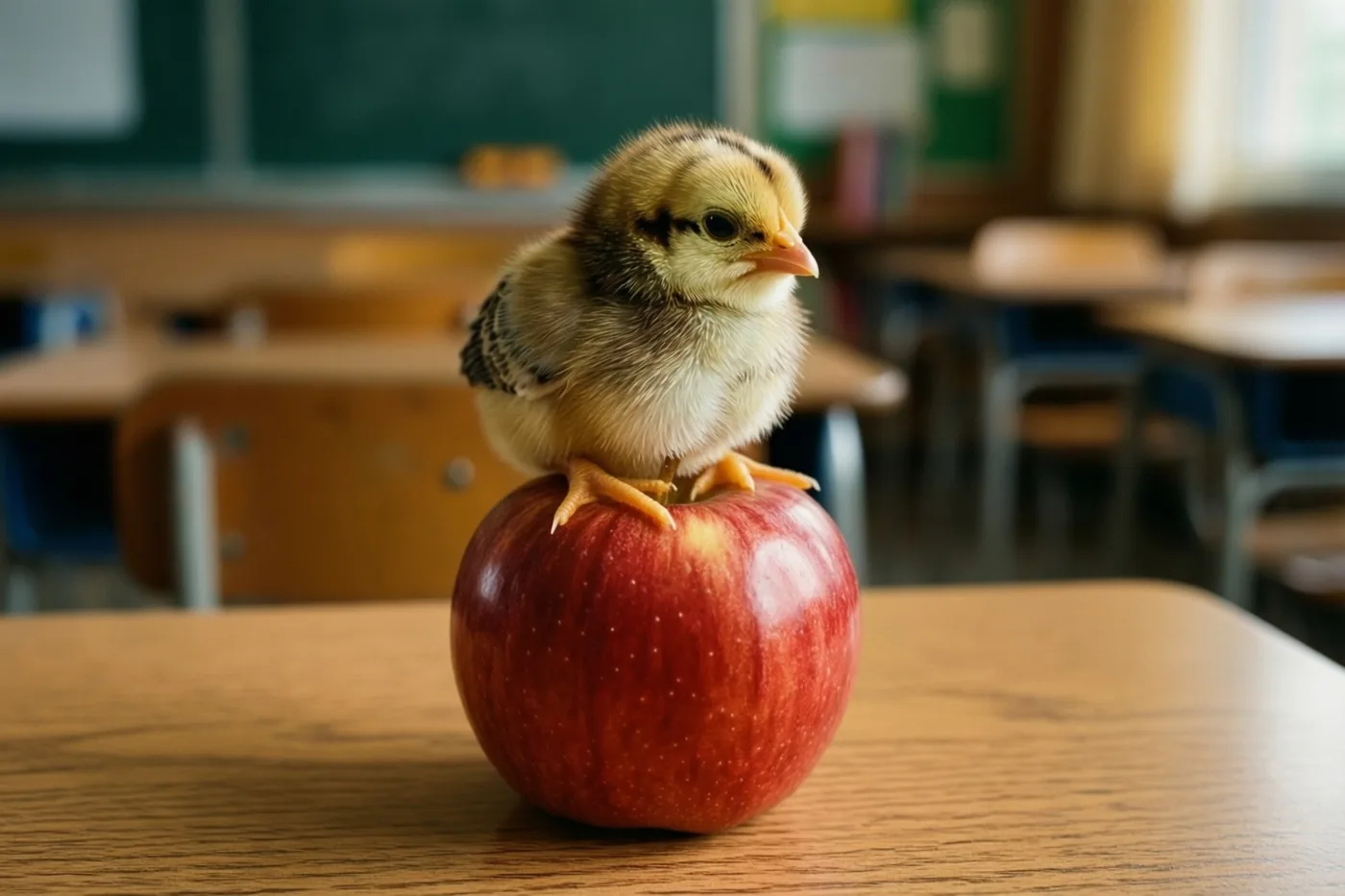 Een klein donzig kuiken zit op een glanzende rode appel op een houten schoolbank, met wazige schoolbanken en een groen krijtbord op de achtergrond.