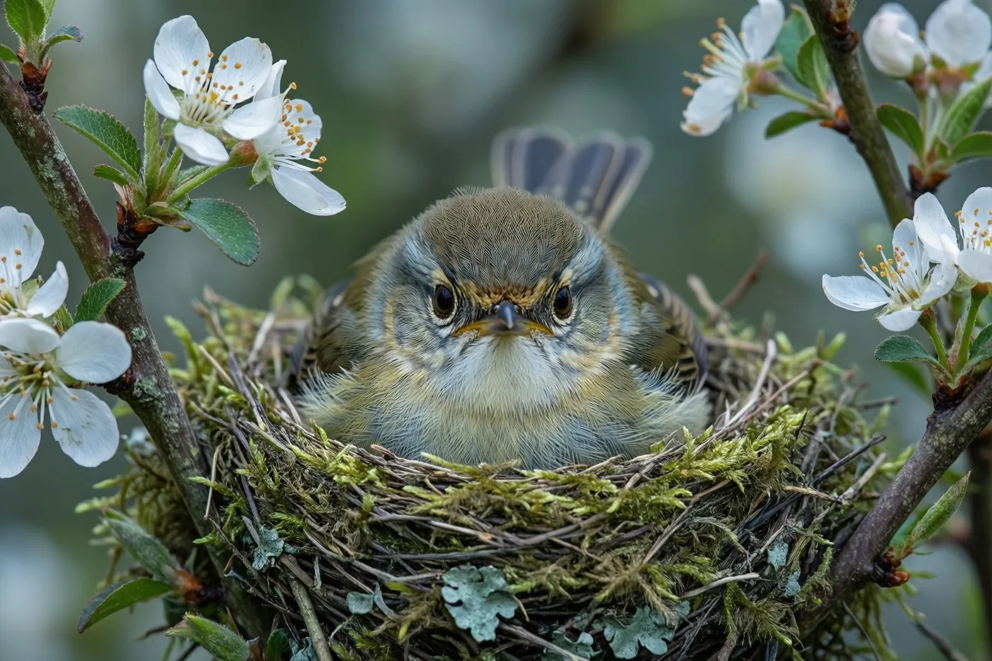 Een klein donzig vogeltje met bruine en grijze veren zit in een met mos bedekt nest tussen takken met witte bloesems, tegen een onscherpe natuurlijke achtergrond.