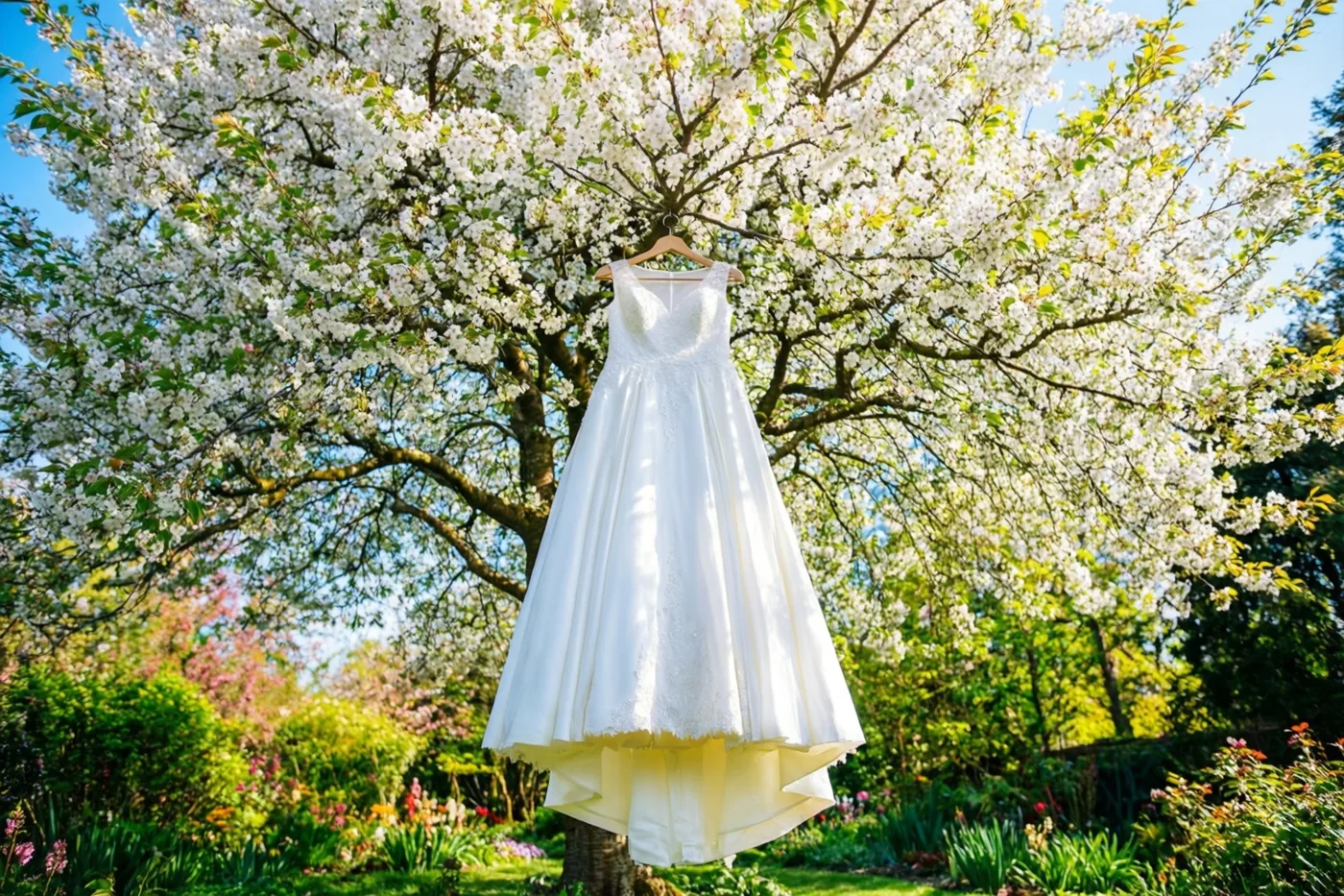Een lange witte doopjurk hangt aan een witbloeiende kersenboom in een lentetuin met groen gebladerte en een helderblauwe lucht.