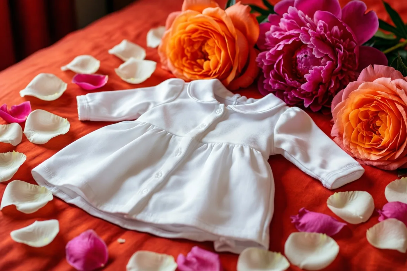 Een klein wit doopjurkje ligt op rode stof tussen verspreide rozenblaadjes en grote bloemen in witte, oranje en magenta tinten.