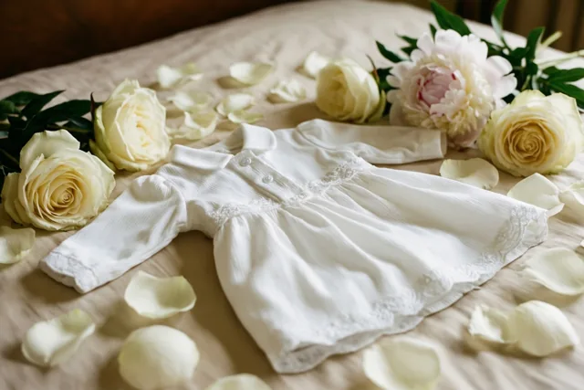 Een klein wit doopjurkje ligt op een beige bedsprei, omringd door witte rozenblaadjes en pioenen.