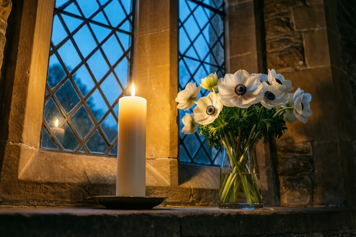 Een brandende witte doopkaars en een vaas witte anemonen staan op een stenen kerkvensterbank, met warm kaarslicht tegen het koele blauw van het vensterglas.