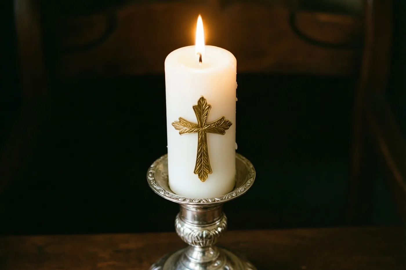 Een witte doopkaars met een kruis van bladgoud brandt in een sierlijke zilveren kandelaar tegen een donkere achtergrond.