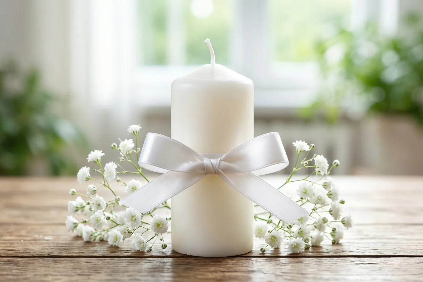 Een witte doopkaars met een satijnen lint staat op een houten tafel tussen takjes gipskruid, met een onscherp raam en groen op de achtergrond.