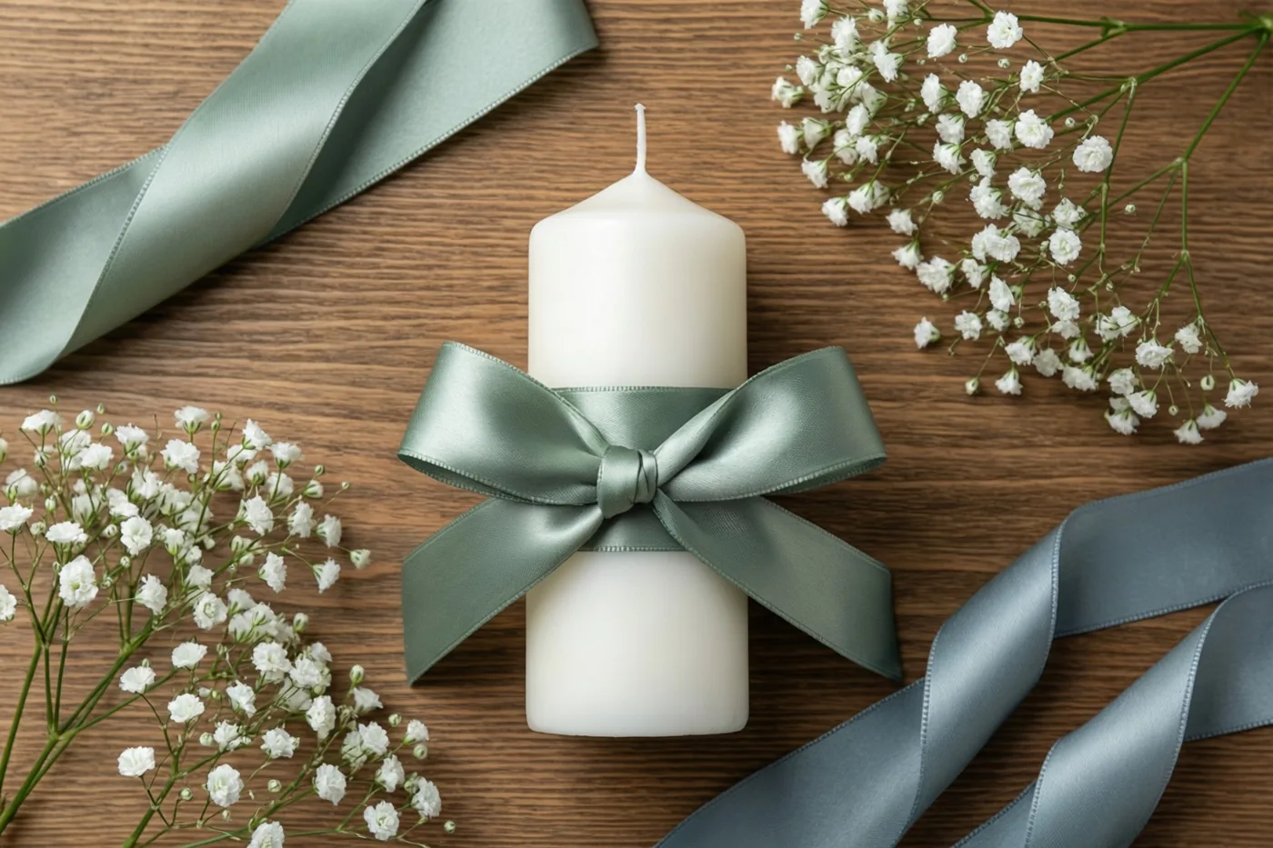 Een witte doopkaars met een saliegroen satijnen lint staat op een houten tafel tussen takjes wit gipskruid in zacht daglicht.