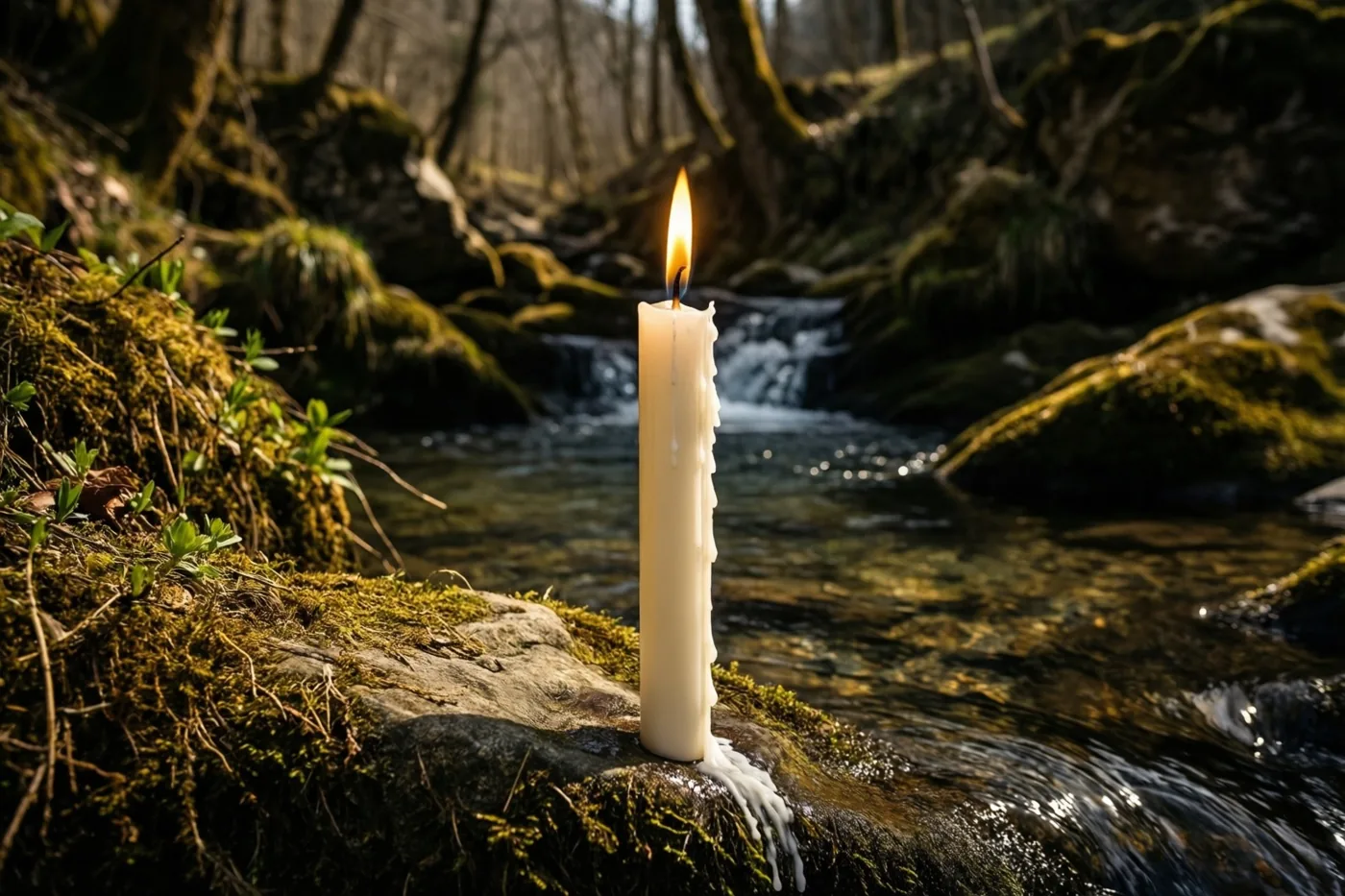 Een brandende witte doopkaars staat op een bemoste steen naast een heldere stromende beek in een bos met warm zonlicht.