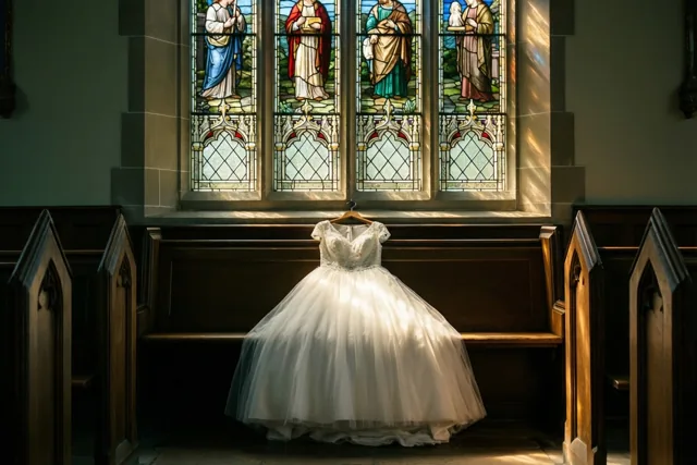 Een wit doopkleed hangt aan een houten kleerhanger over een donkere kerkbank, beschenen door zonlicht uit een glasraam met religieuze figuren in een kerk met stenen muren.