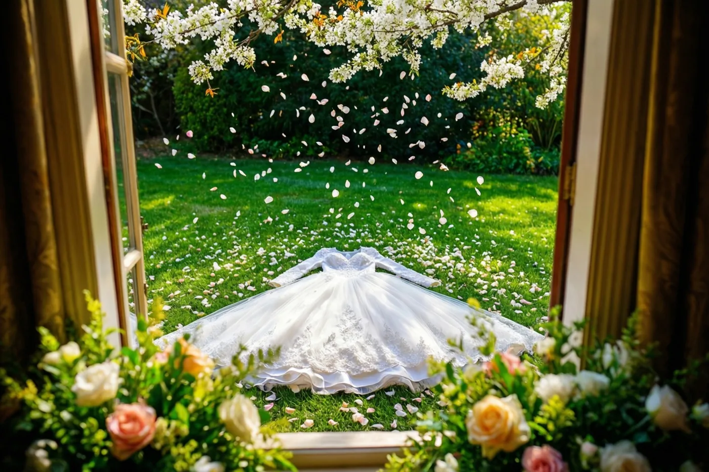 Door een open raam met goudkleurige gordijnen en bloemstukken is een wit doopkleed op een groen gazon te zien, omringd door vallende witte bloesemblaadjes in helder zonlicht.