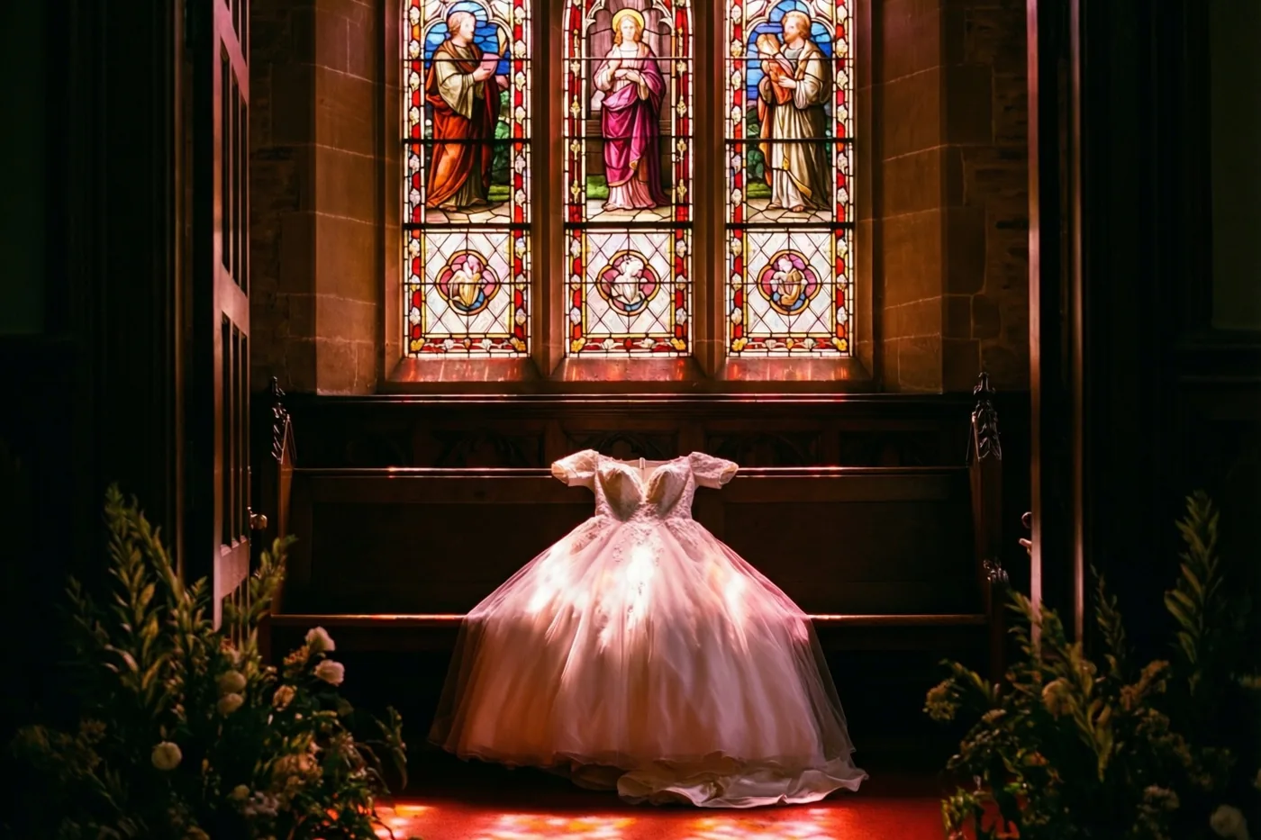 Een wit doopkleed ligt over een houten kerkbank onder een glasraam met religieuze figuren, met bloemstukken aan weerszijden en warme tinten in de kerk.