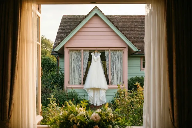 Een wit doopkleedje hangt aan een hanger in het raam van een roze en mintgroen huis met trapgevel, omlijst door kanten gordijnen en gezien door een open raam met groen en bloemen eromheen.