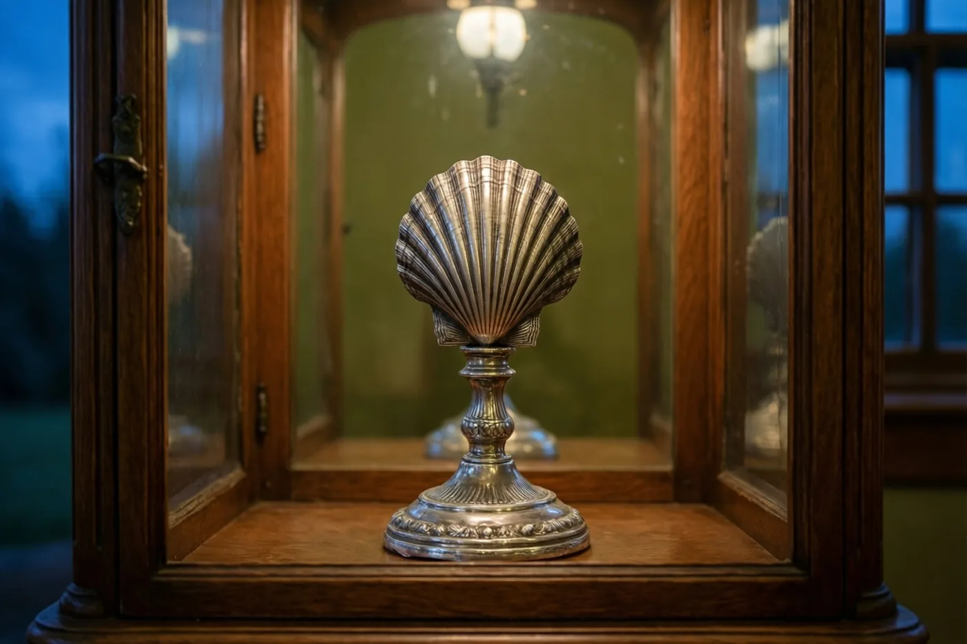 Een oude zilveren doopschelp en kandelaar staan in een houten kast met glazen deuren in een schemerige kamer met warme houttinten en koelblauw licht van buiten.