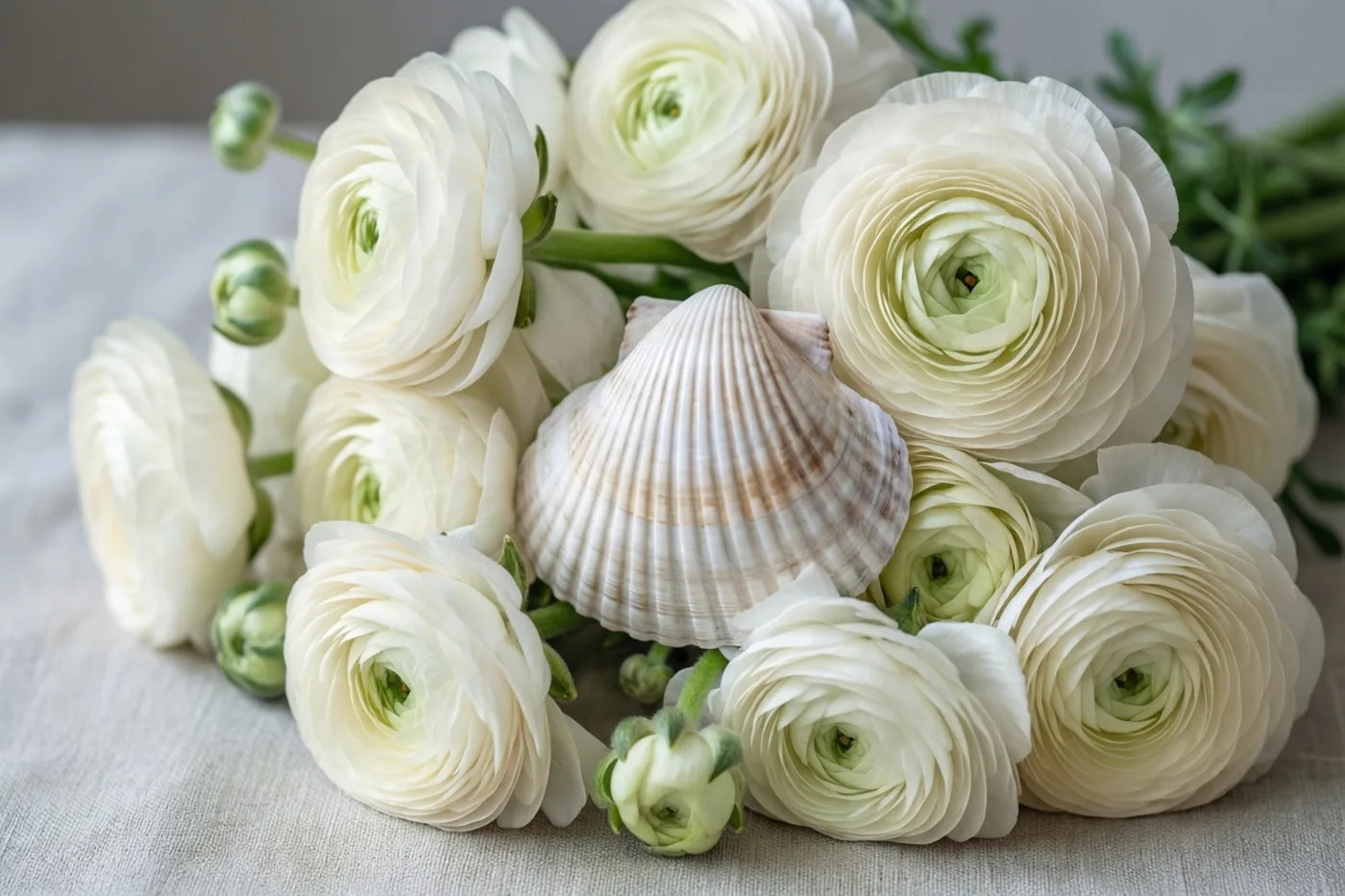 Een kleine witte doopschelp ligt tussen een weelderig boeket witte ranonkels op linnen met zichtbare structuur, in zacht licht tegen een neutrale achtergrond.