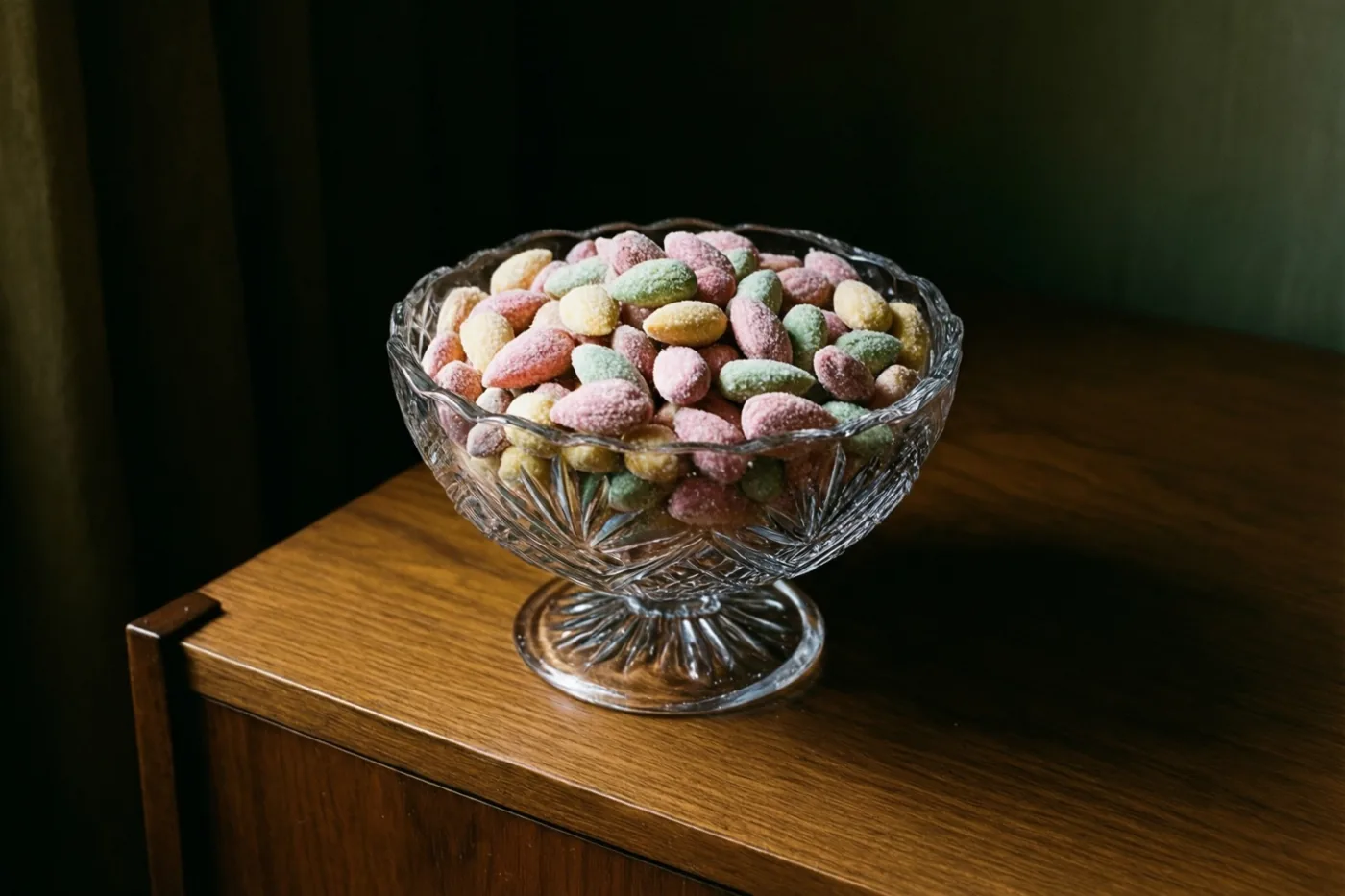 Een oude schaal van geslepen glas met pastelkleurige gesuikerde amandelen staat op een houten dressoir in zacht, warm licht.