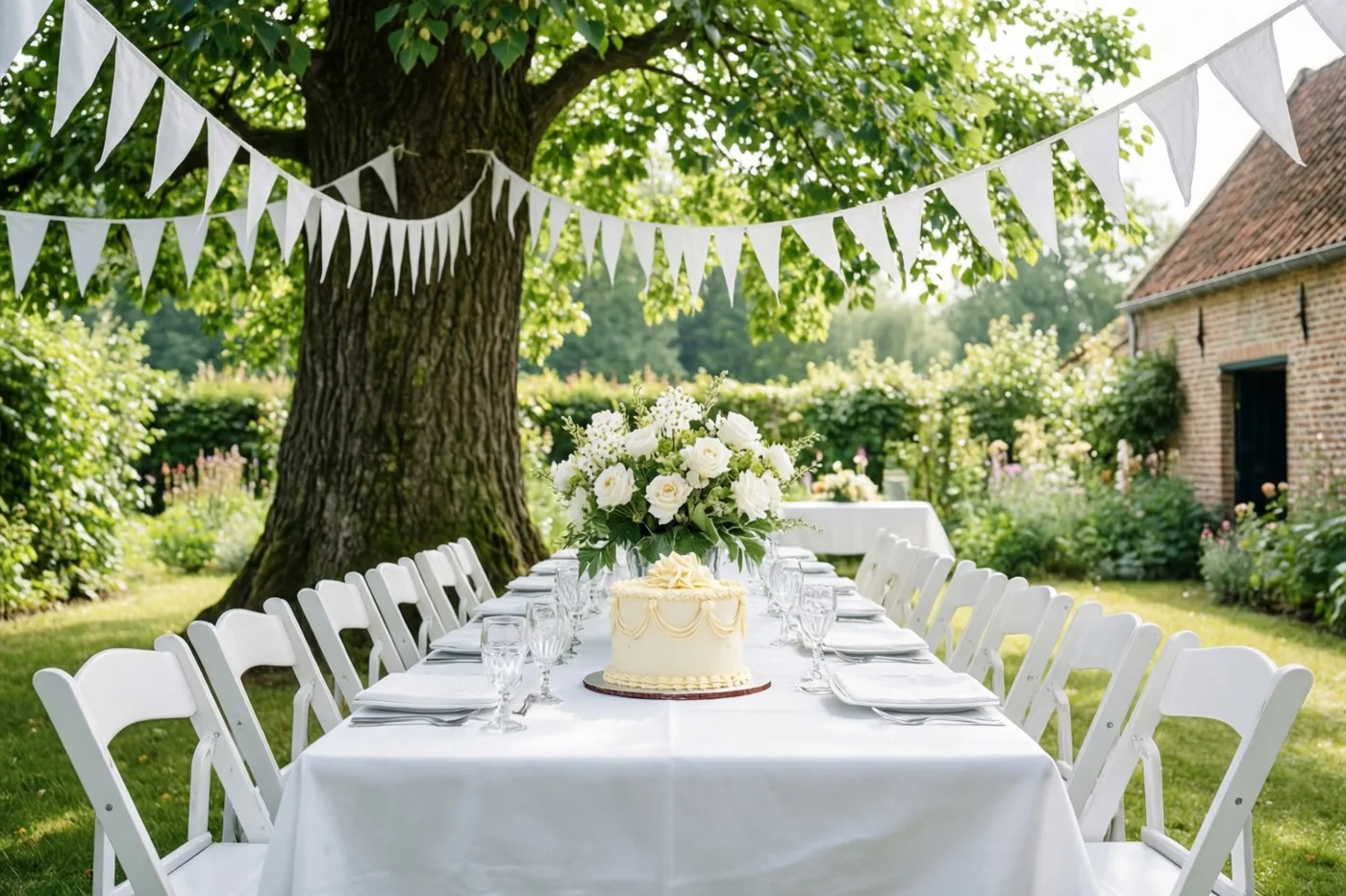Een lange tafel met een wit tafelkleed en een dooptaart staat onder een grote lindeboom in een groene tuin met witte vlaggetjes, in helder licht.