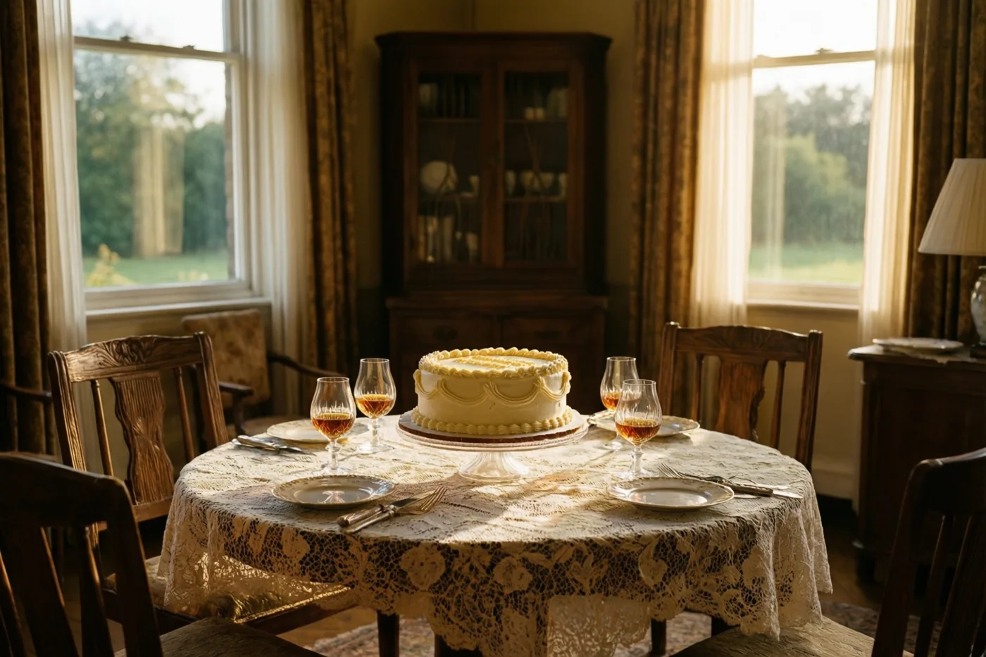 Een ronde tafel met een kanten tafelkleed, dooptaart en sherryglazen staat in een zonnige eetkamer in jarenvijftigstijl met houten meubels en grote ramen.