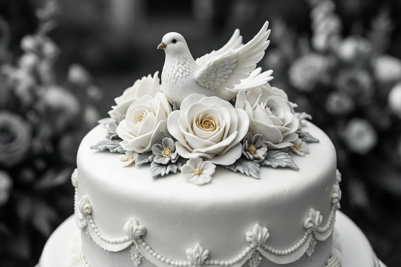 Een witte dooptaart met suikerbloemen en een klein duifje bovenop staat voor een onscherpe achtergrond van bloemen.