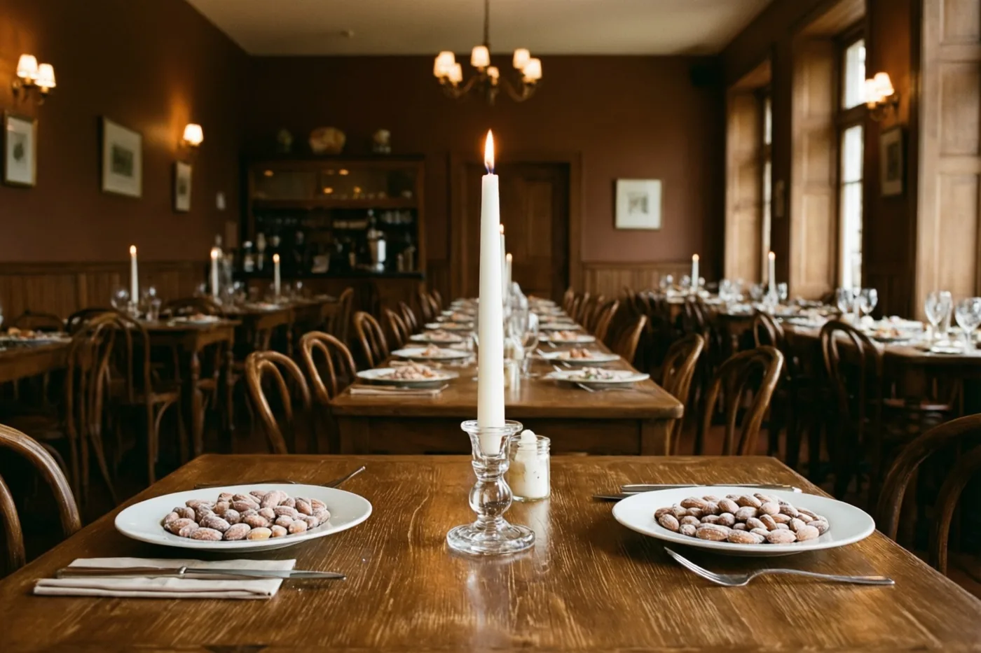 Een lange houten tafel in een bruin café staat gedekt voor een doopmaaltijd, met een witte kaars en borden met suikeramandelen in warm licht.