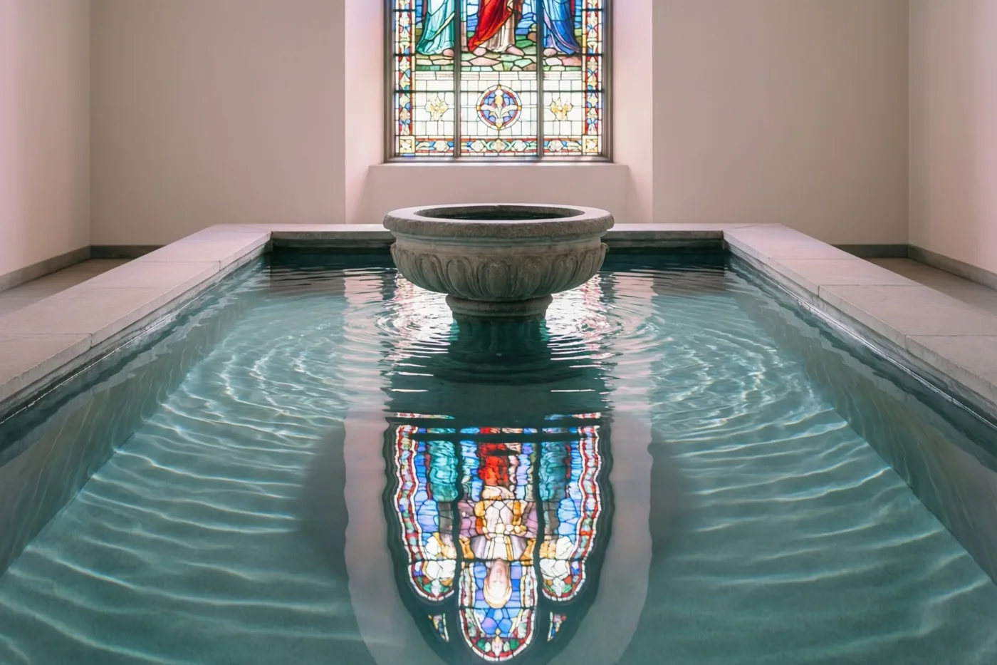 Een stenen doopvont staat in een rechthoekig waterbassin met rimpelend blauwgroen water dat een gekleurd glas-in-loodraam weerspiegelt, in een sobere ruimte met bleke muren.