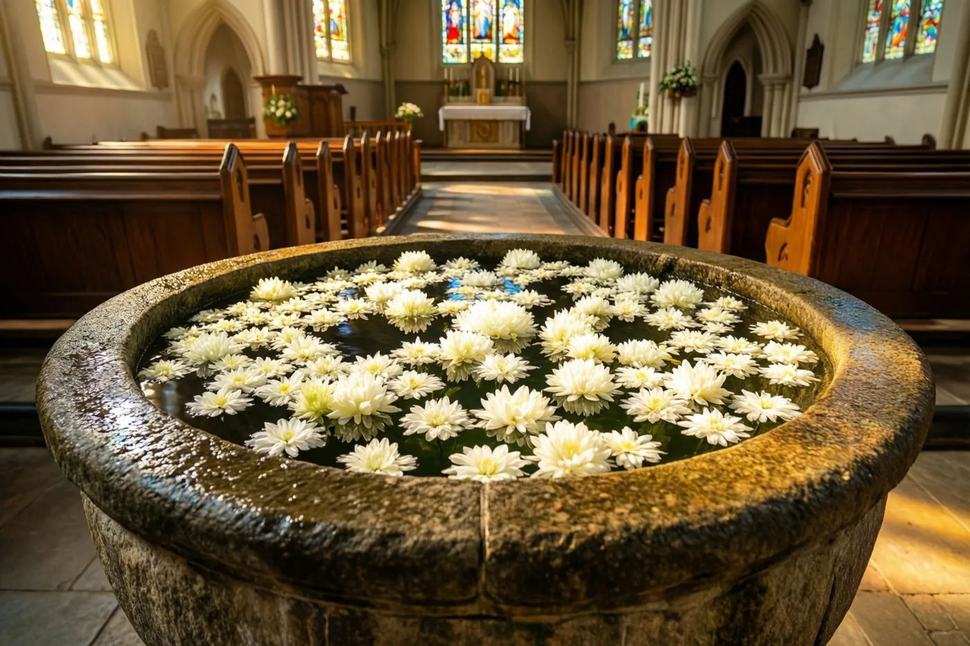 Witte bloemen drijven op het water in een groot stenen doopvont, verlicht door zonlicht dat door de glasramen van een kerk valt.