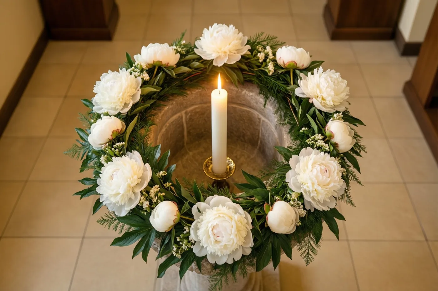 Een stenen doopvont met een ronde krans van witte pioenen en groen staat op een tegelvloer, met een brandende witte kaars in een goudkleurige houder en houten plinten op de achtergrond.