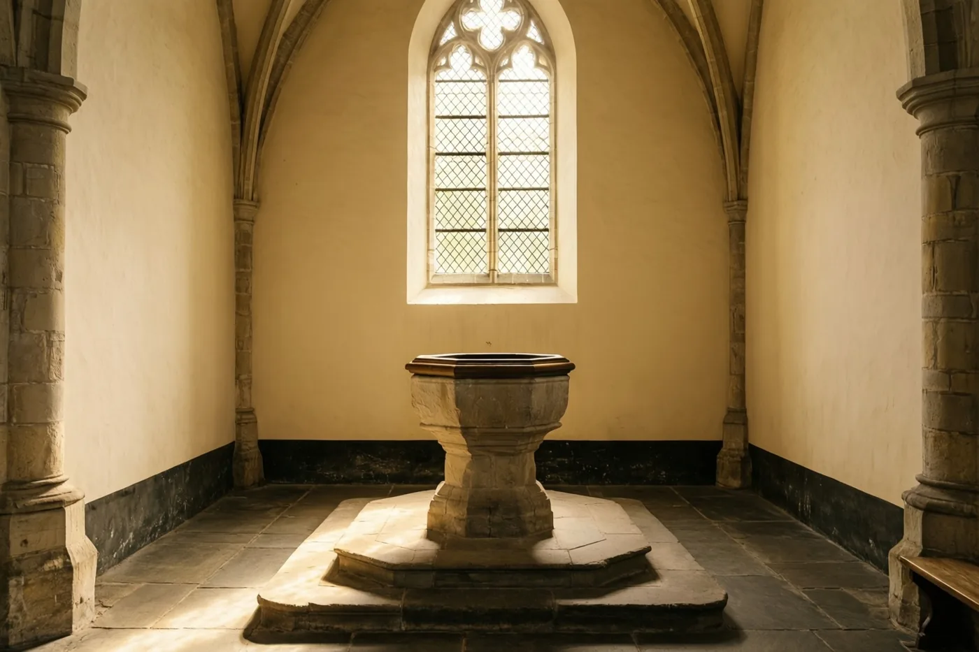 Een oude stenen doopvont staat op een verhoog in een kerk met beige muren en een donkere stenen vloer, verlicht door een hoog boograam.