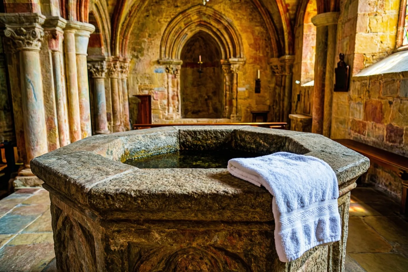Een achthoekig stenen doopvont met water en een opgevouwen witte handdoek op de rand staat tussen stenen bogen en zuilen in een oude kerk.