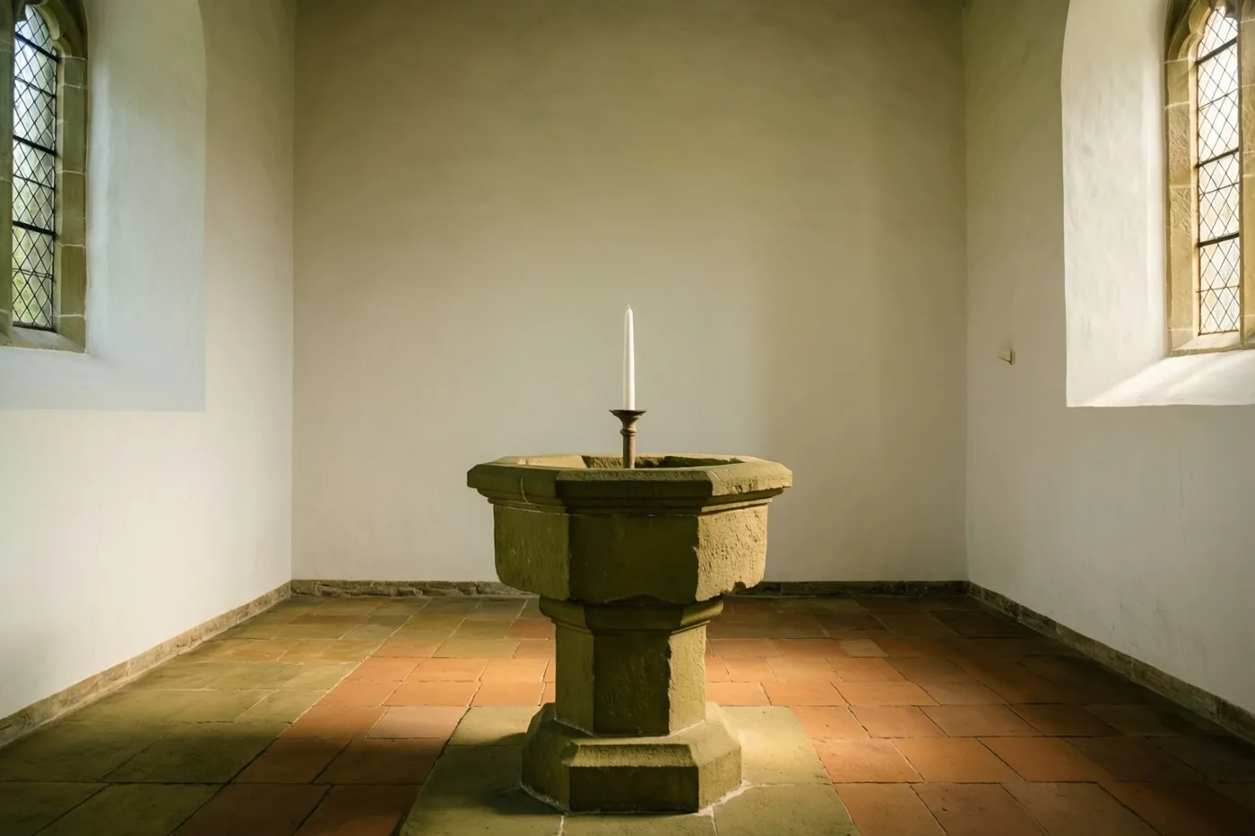 Een grijsgroene stenen doopvont staat midden in een kerk met witte muren en terracotta vloertegels, verlicht door zonlicht uit twee ramen.