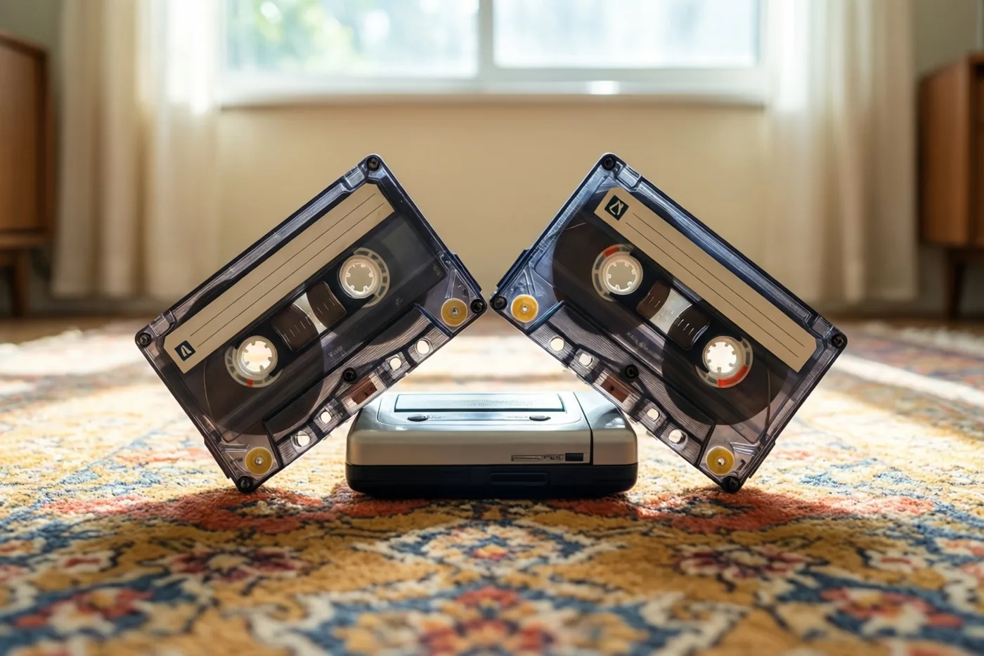Twee doorzichtige cassettebandjes leunen tegen een draagbare cassettespeler op een kleurrijk tapijt met patronen, in zacht daglicht van een raam op de achtergrond.
