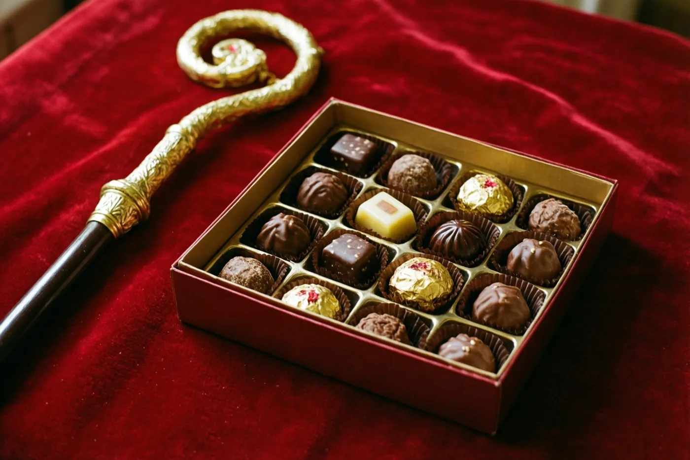 Een doos met verschillende Belgische chocolaatjes staat naast een gouden bisschopsstaf op rood fluweel in warme tinten.