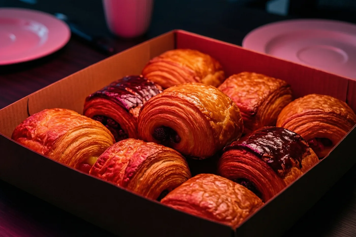 Een doos goudbruine croissants staat op een donker houten tafel in warm roze licht.