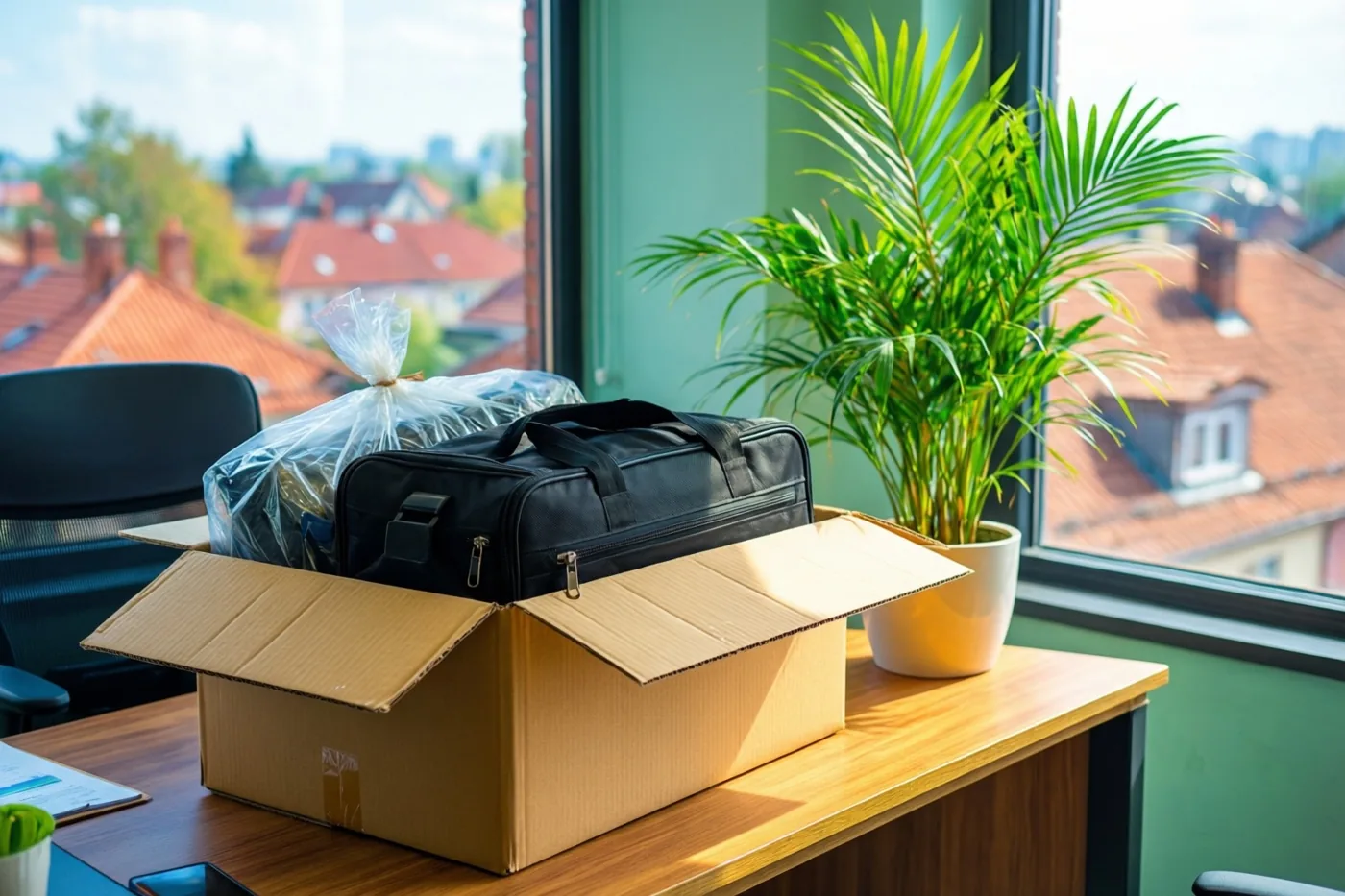 Een open doos met een zwarte tas en een voorwerp in plastic staat op een houten bureau naast een palmplant, bij een raam met uitzicht op rode pannendaken.