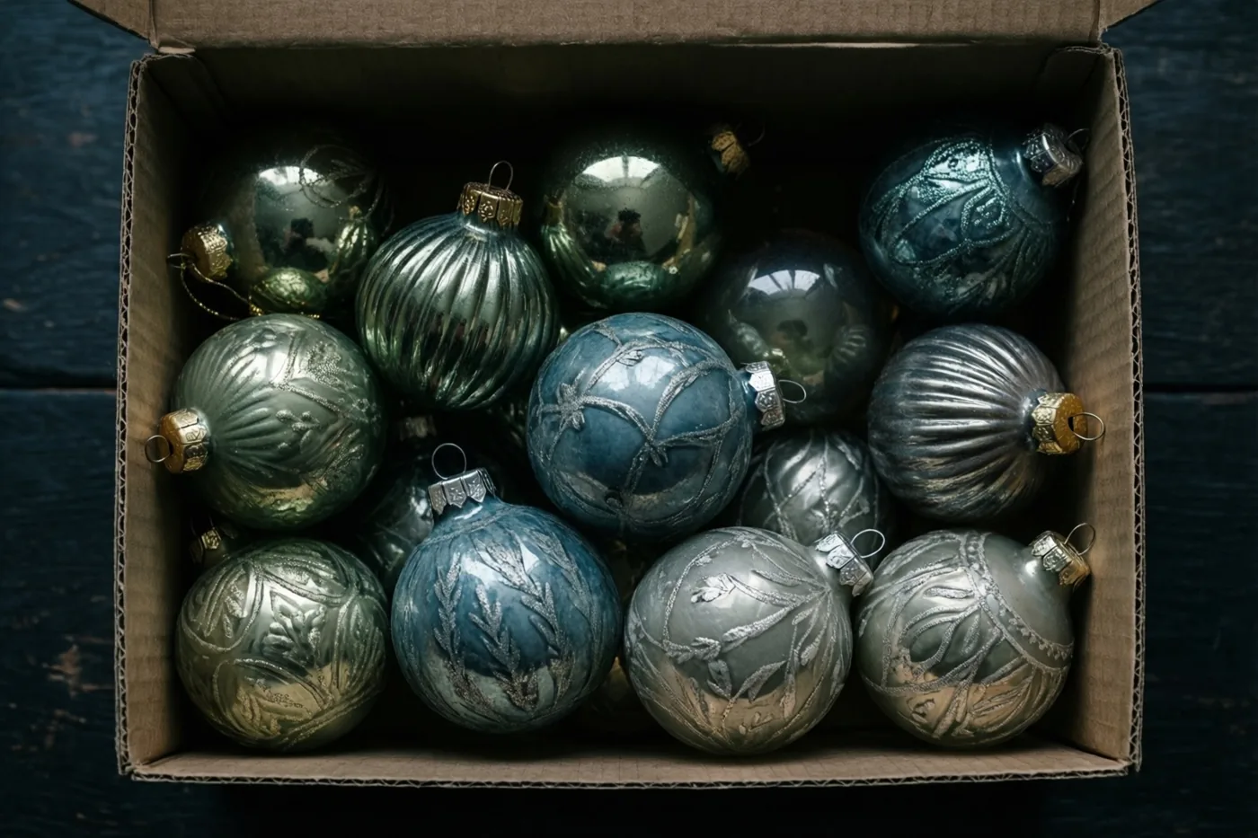 Een kartonnen doos met antieke kerstballen van spiegelend glas in groene, blauwe en zilveren tinten staat op een donkere houten ondergrond.