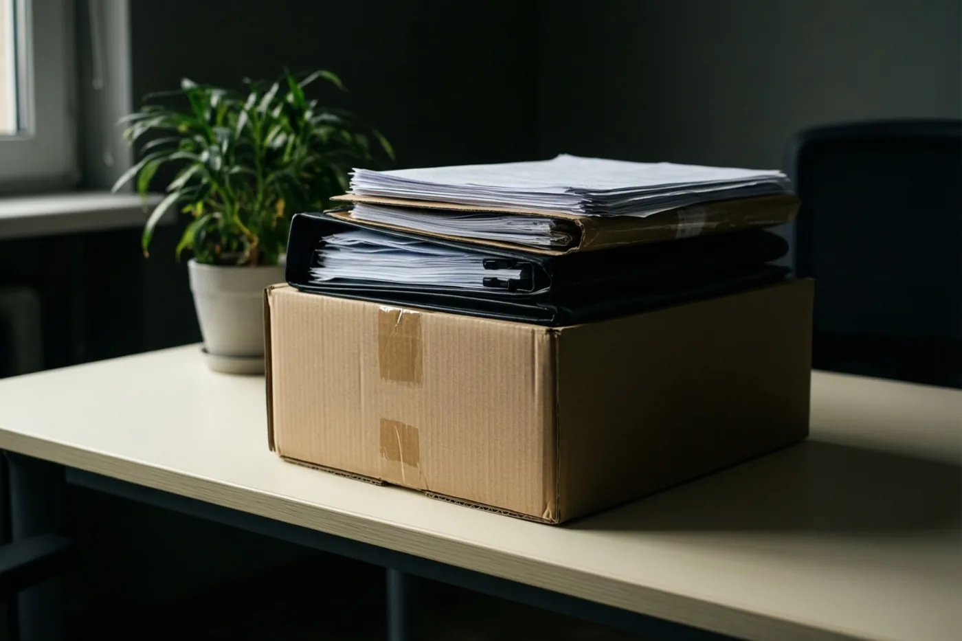 Een kartonnen doos met kantoordossiers staat op een verder leeg en opgeruimd bureau, met een potplant op de achtergrond in zacht licht.