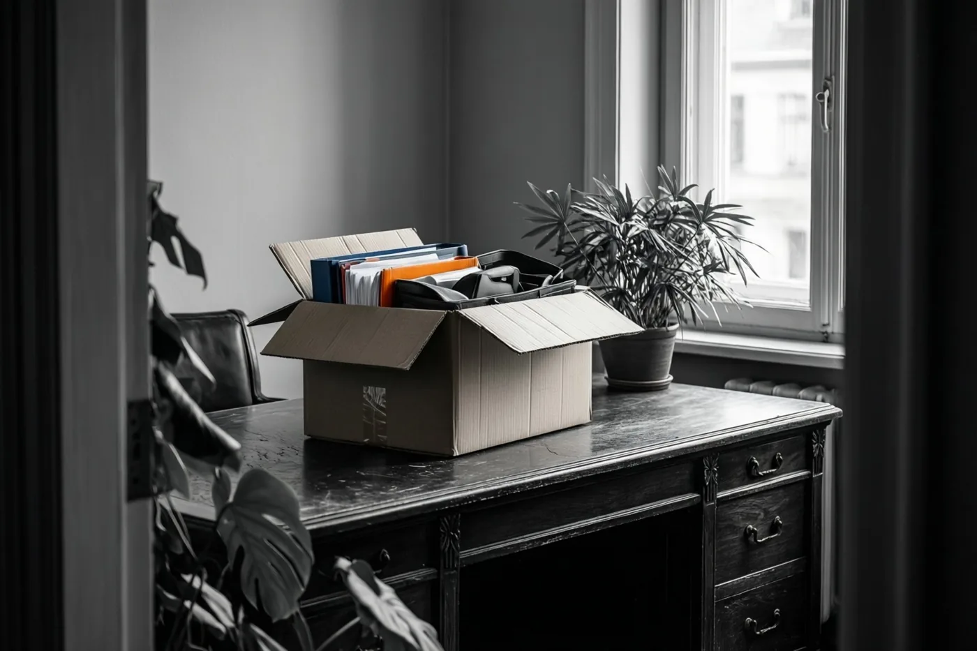Door een deuropening is een kartonnen doos met kantoorspullen op een donker houten bureau naast een plant te zien, met alleen de inhoud en de plant in kleur.