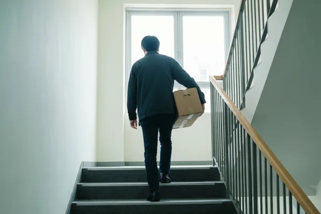 Een persoon loopt met een kartonnen doos een trap met tapijt op in een modern kantoortrappenhuis met een groot raam op de overloop.