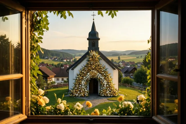 Door een open raam is een dorpskerk met een grote boog van gouden en witte bloemen te zien, met zonnige heuvels en huizen op de achtergrond.